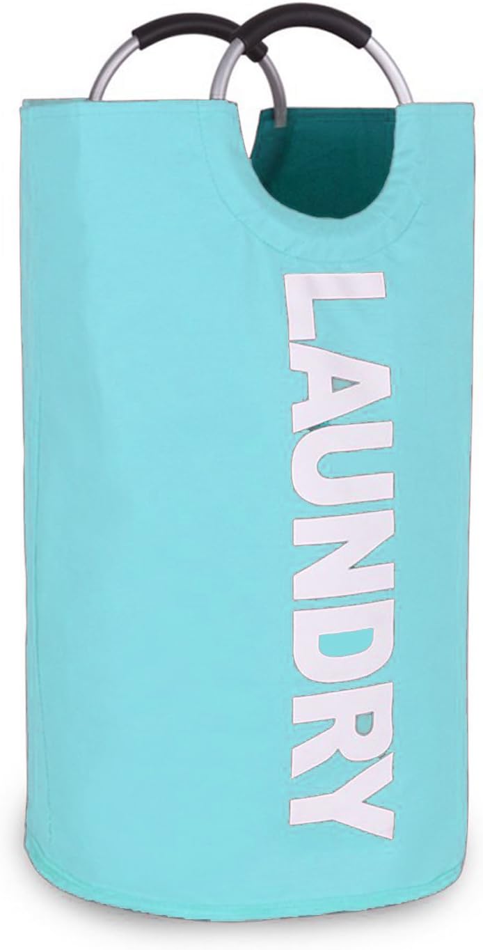 Samways Thicken Collapsible Laundry Hamper with Alloy Handles |Best Foldable Clothes Washing Bag for Home College Dorm |Cloth Storage Basket in Durable Waterproofing Polyester Canvas (Light Blue)