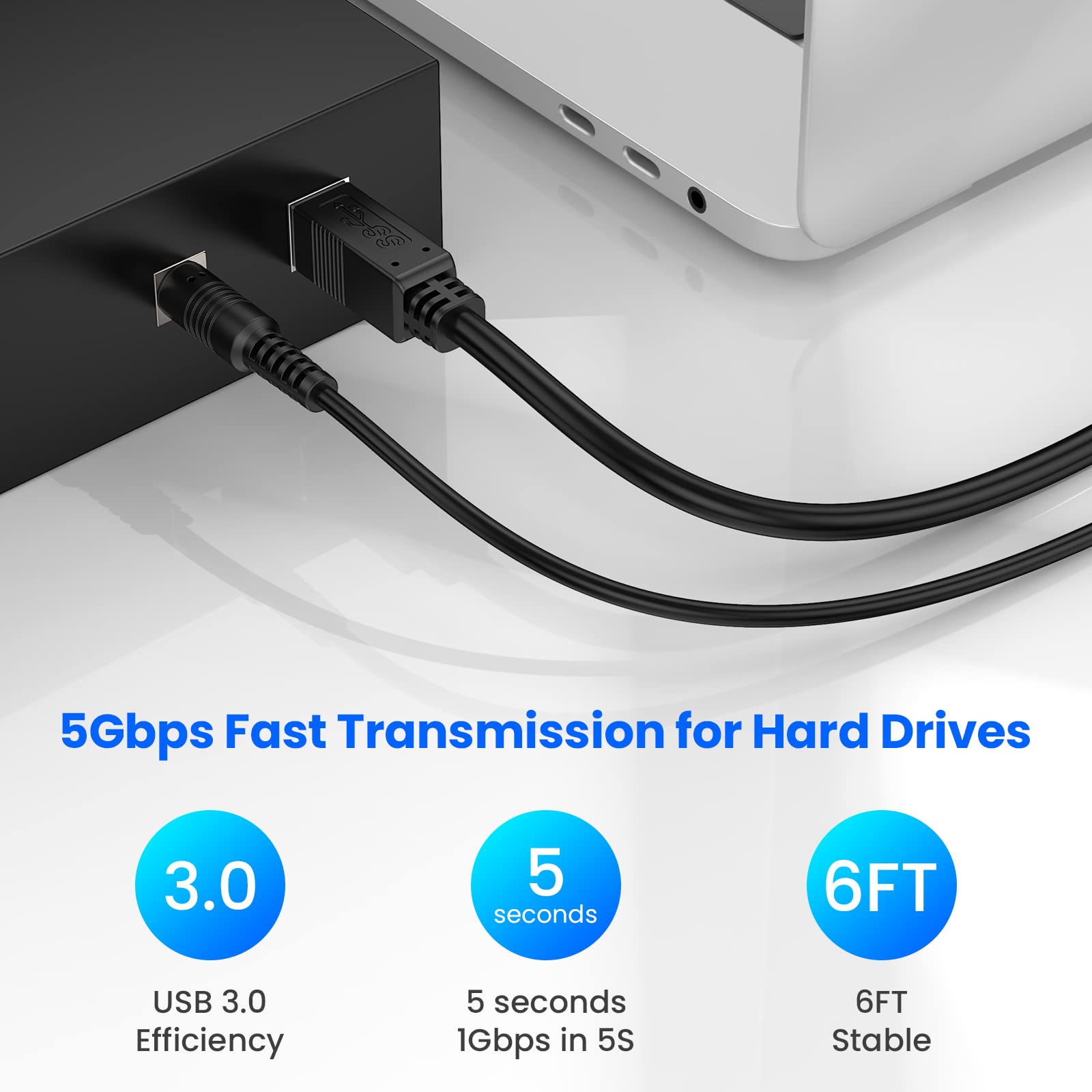 Câble USB 3.0 A Mâle Vers B Mâle 6,1 M, Connecteurs Plaqués Or, Noir, Compatible Avec Station D'accueil, Disques Durs Externes, Scanner, Imprimante Et Plus Encore