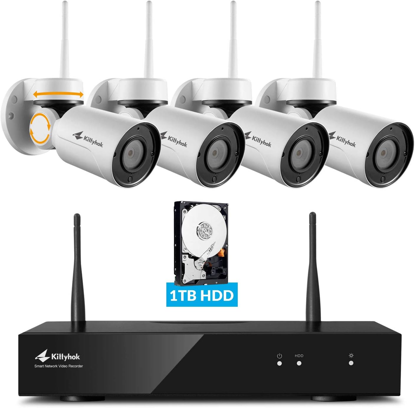Pan Tilt Wireless Security Camera System with 1TB Hard Drive and Audio, 8CH 4pcs 1080p PTZ Wifi Camera Outdoor/Indoor, 100ft Night Vision, Weatherproof, Motion Detection, Remote Access
