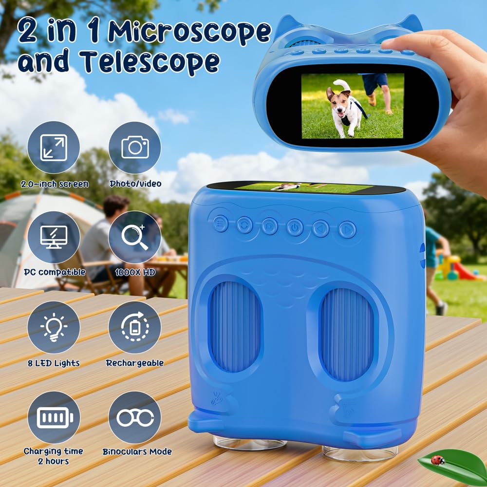2 in 1 Microscopio Bambini e Telescopio, Temodu Microscopio Digitale da 2.0‘’, Elettronico Portatile Telescopio 10X con 8 luci LED, può essere utilizzato come regalo di compleanno o di Natale (Blue)