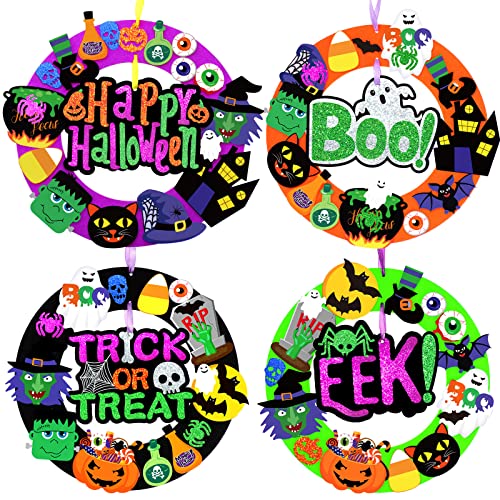 8 Sets Halloween Wreath Decoration Felt Halloween Craft Kits For Kids Diy Felt Pumpkins Jack O Lantern Owl Ghost Witch Bats Self Adhesive Stickers For Front Door Window Wall Halloween Decoration #TOP8