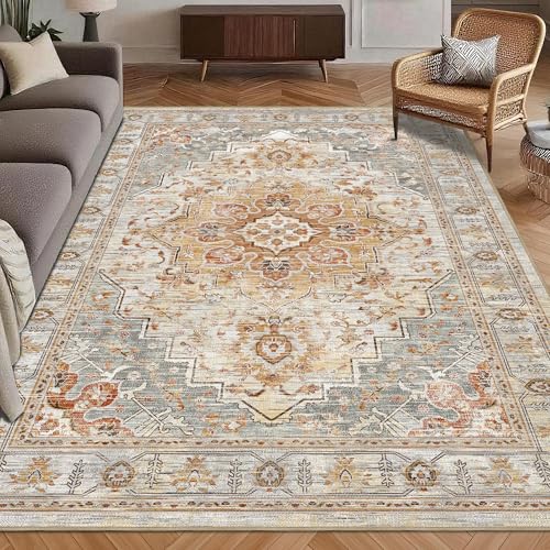 Washable Area Rug 6' x 9' Vintage Traditional Persian Mat - Foldable Distressed Non-Slip Machine Washable Carpet for Living Room Bedroom Kitchen Home Decor - Dove Gray and Coral