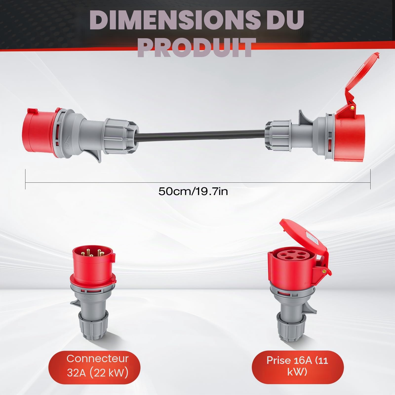 Adaptateur CEE 32A vers 16A, 5 pôles, IP44 étanche avec Couvercle de Protection Auto-fermant pour Industrie, Chantiers et Voiture électrique