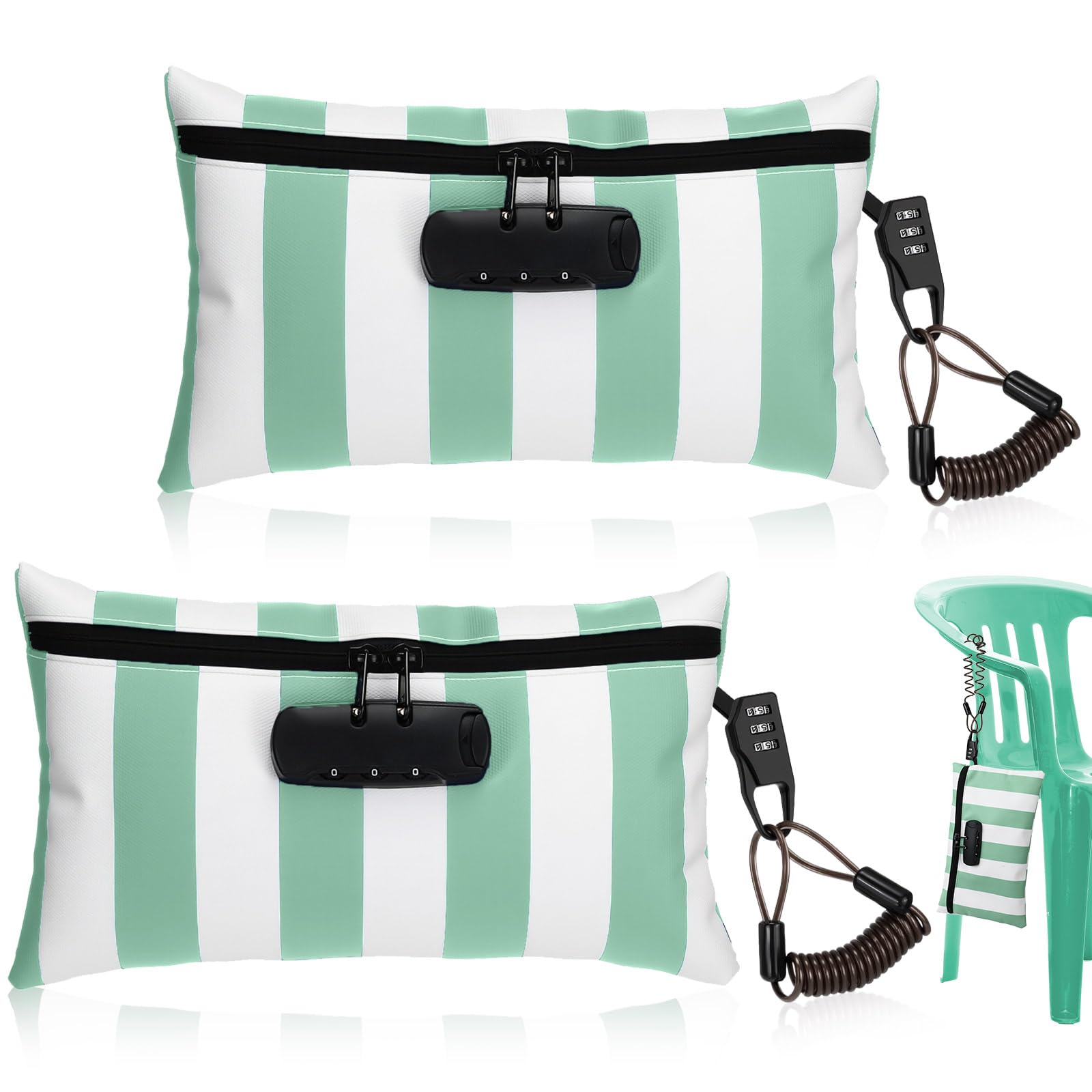 Sanwuta 2 Pack Money Bag with Lock Small Locking Money Bag for Beach Cash Wallet, 6.7 x 11 Inch(Grass Green, White)