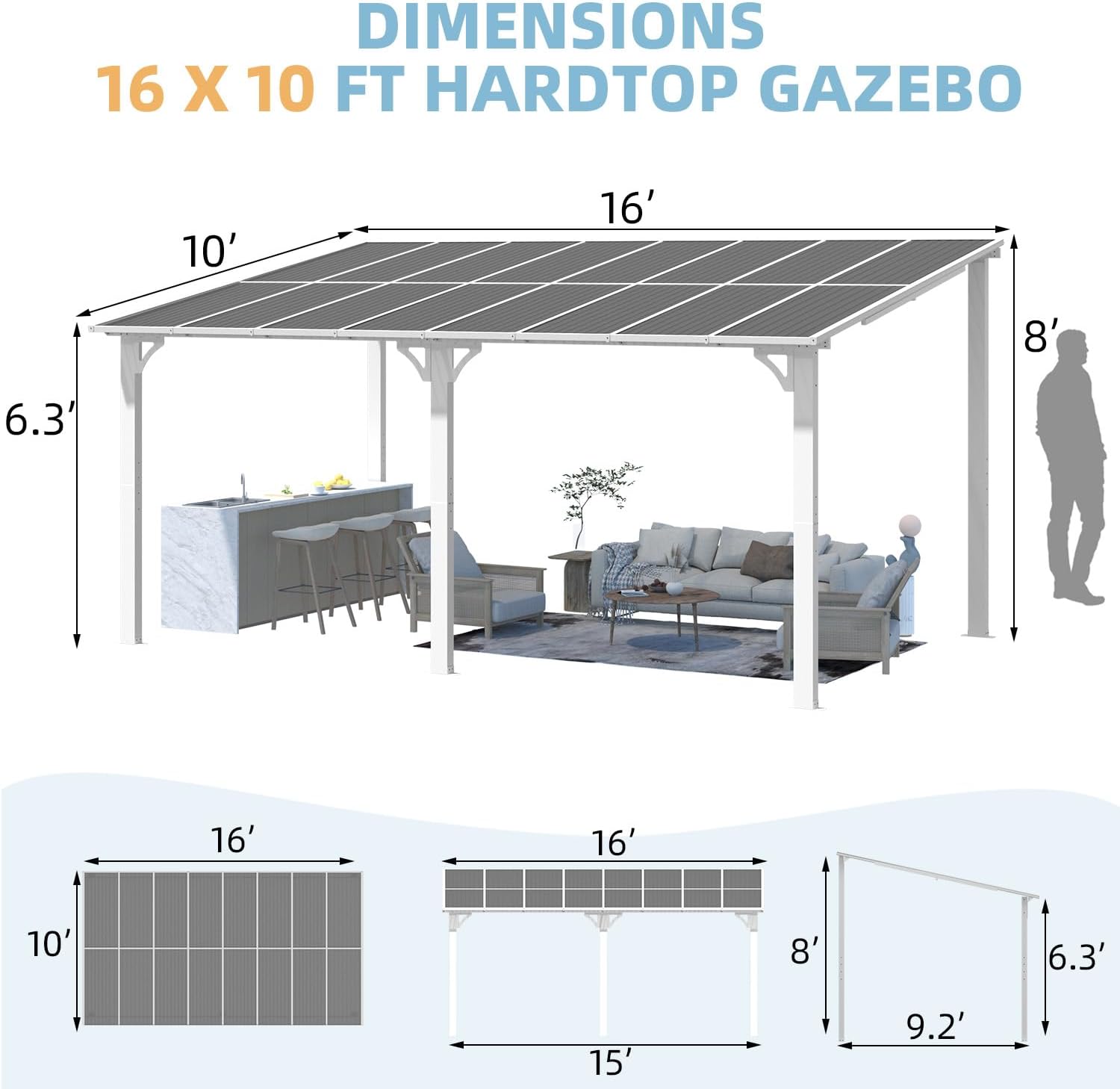 Diagram showing the dimensions of the 16 x 10 ft hardtop gazebo