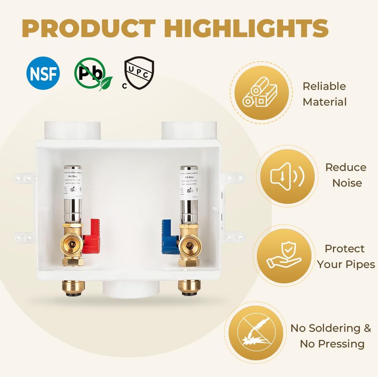 Premium Washing Machine Outlet Box, with Stainless Steel Water Hammer Arrestor, 1/2" Push-Fit x 3/4" MHT, Laundry Washer Valve Outlet Box with Clear Text Instructions
