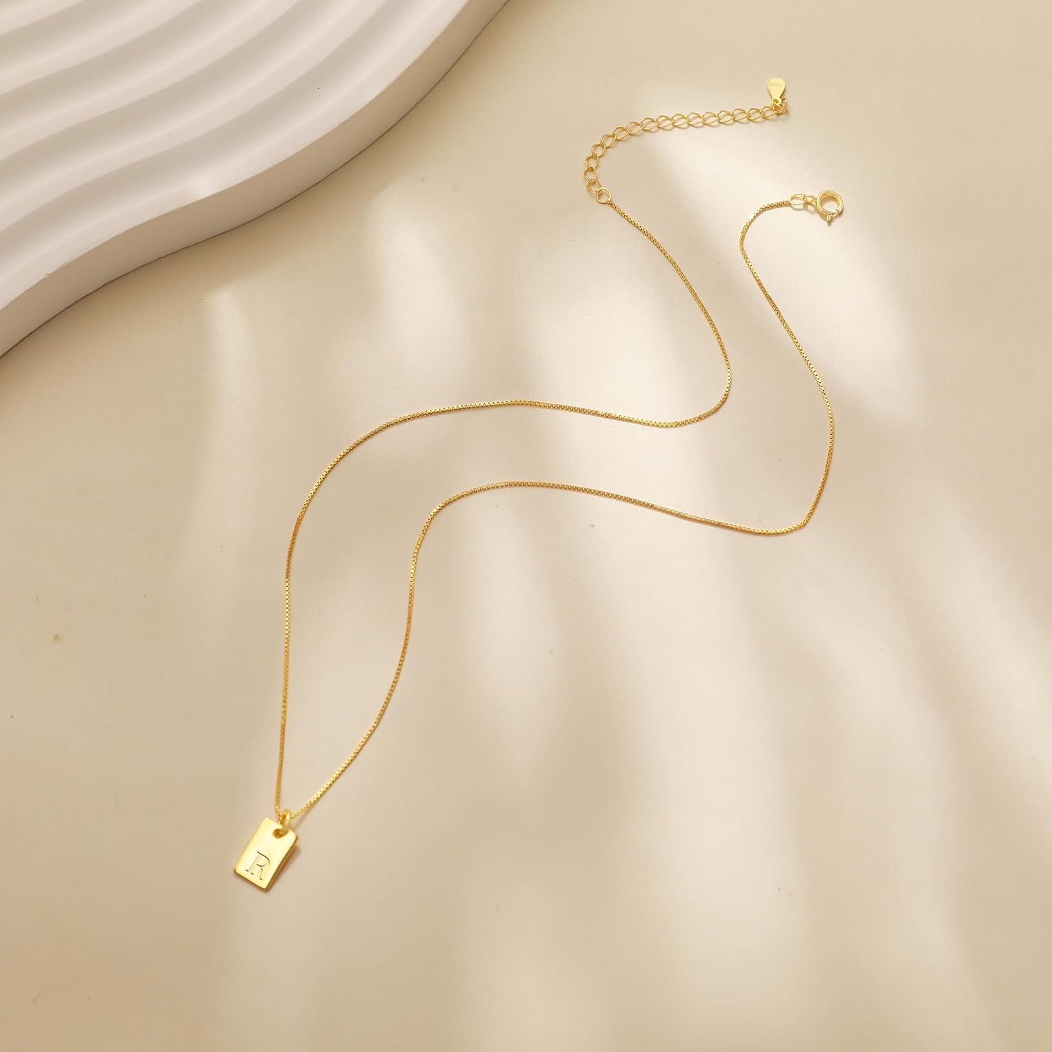 LOVECOM S925 Sterling Silver Initial Necklaces for Women Dainty 14k Gold Plated Letter Name Square Pendant Necklace A-Z Personalized Tag Charm Chain Jewelry Birthday Gifts for Mother Daughter