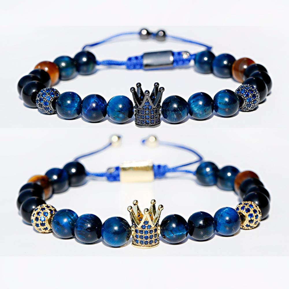 WQZYY&ASDCD Pulseras Brazalete Lujo Circonita Cúbica Corona Bolas Encanto Pulsera Trenzada Hombres Mujeres Azul Piedra Natural Cuentas Pulseras Y Brazaletes