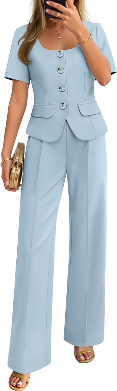 ZESICA Women's Summer Two Pieces Suits Set 2026 Short Sleeve Blazer Wide Leg Pants Business Casual Outfits Sets