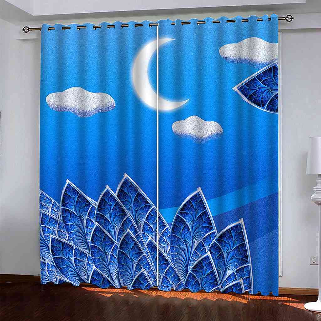 Rideau occultant bleu lune motif feuilles lot de 2 rideaux isolant thermique salon 264x160cm