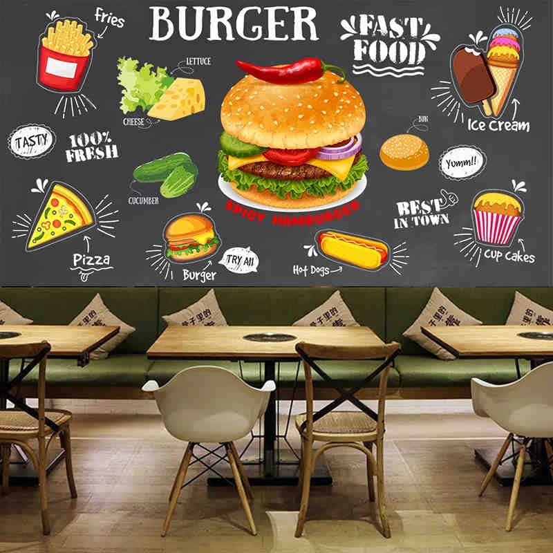 Papel pintado personalizado Retro pared negra pollo frito hamburguesa cartel gourmet restaurante cocina foto pared Mural Papel De pared 3D