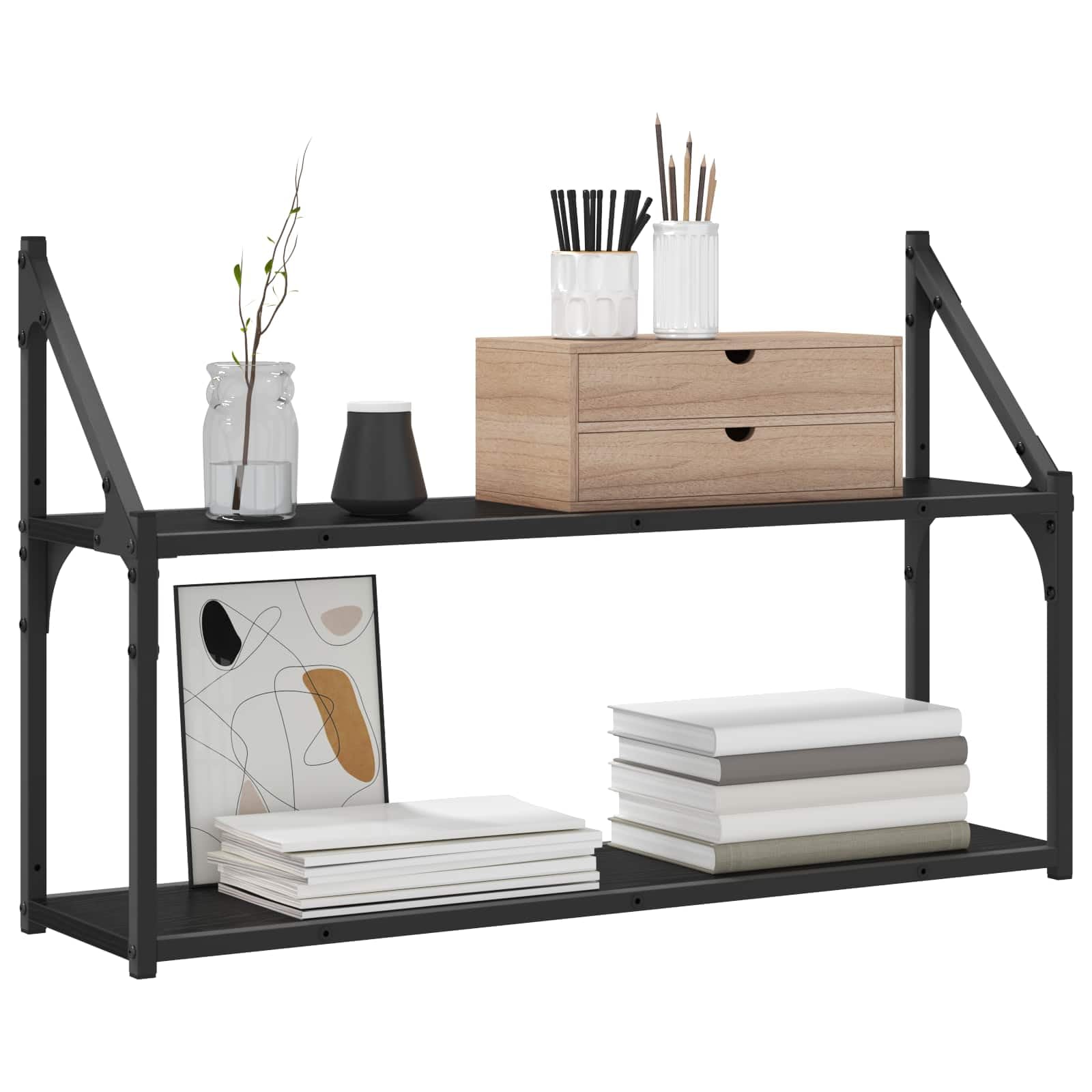 Étagère murale chêne noir pour libérer l'espace au sol, solution gain de place pour petit salon