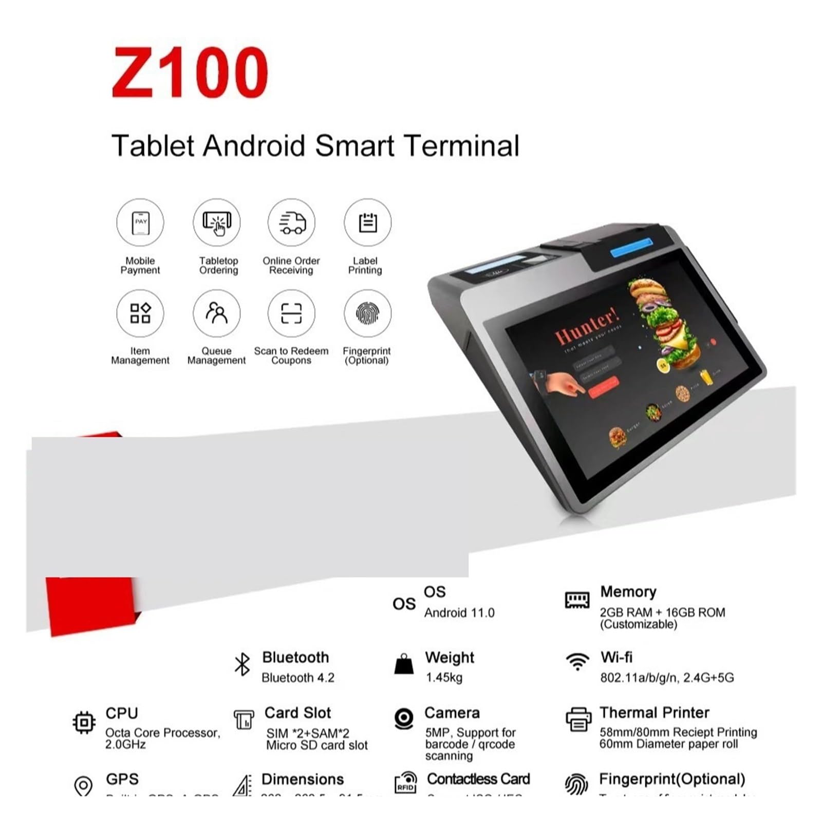 Registrierkasse für Kleinunternehmen, Z100 with GMS10.1, Desktop Cash Register, Card Swiping, Code Scanning and Receipt Printing All-in-one Machine für Einzelhandel, Restaurant, Supermarkt