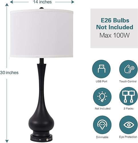 Miniatura 3 de Juego de 2 lámparas de mesa con control táctil, regulables de 3 vías, con pantalla de tela de lino, lámpara de noche con puerto USB y enchufe E26