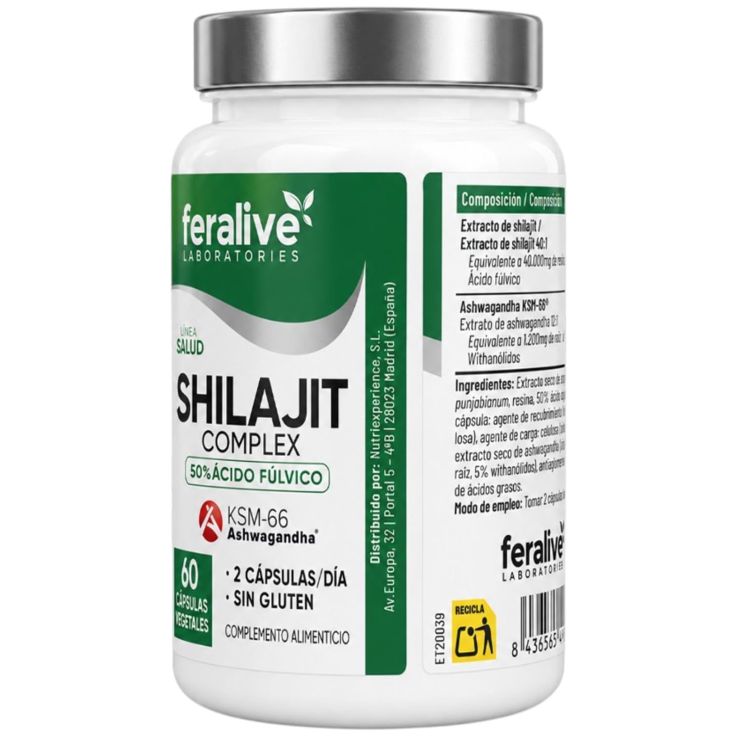 Shilajit Complex 500 mg 60 Cápsulas con 50% Ácido Fúlvico + Ashwagandha KSM-66® – Suplemento Energético para Vitalidad, Rendimiento, Testosterona y Bienestar General