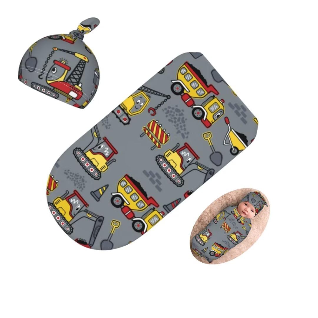 Cute Construction Truck Newborn Swaddling Blanket Beanie Hat Sets Soft Baby Receiving Engineering Vehicle Blanket Soft Sleeping Bag New Born Soft Sleep Sacks for Boys Girls