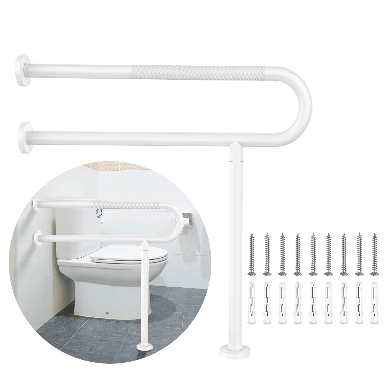 White Toilet Support Rail 31.3X 31.5 Inch, Munzong Anti-Slip Floor to Wall Handicap Grab Bar for Bathroom, Stainless Steel Knurled Safety handrails with Leg for Elderly Disabled Pregnant-1.25’Tube