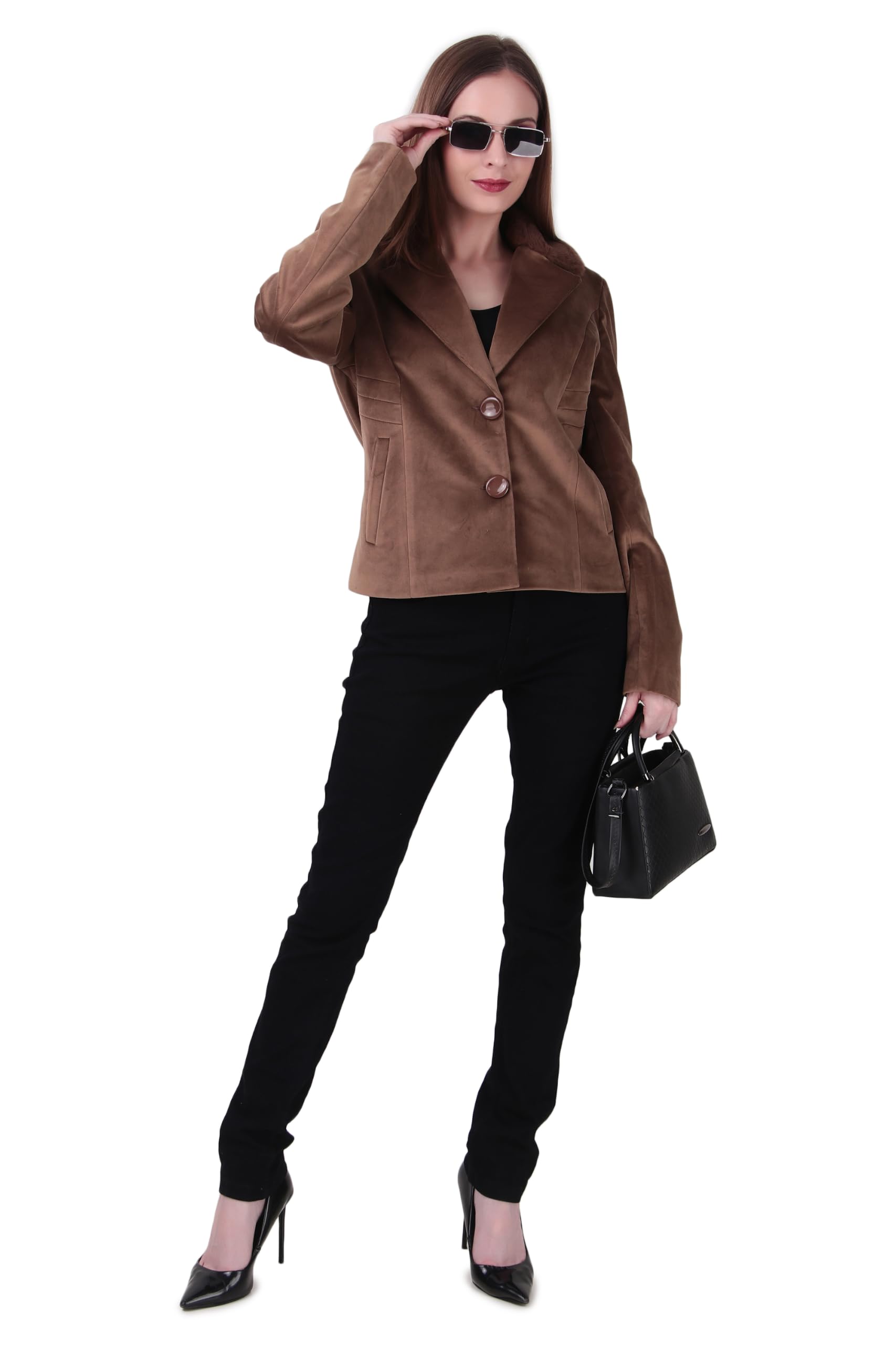 Women's Brown Faux Suede Short Coat | Lapel Collar with Faux Fur Detailing | 2-Button Winter Jacket with Front Pockets | Elegant Casual Outerwear | Pack of 1-image-30