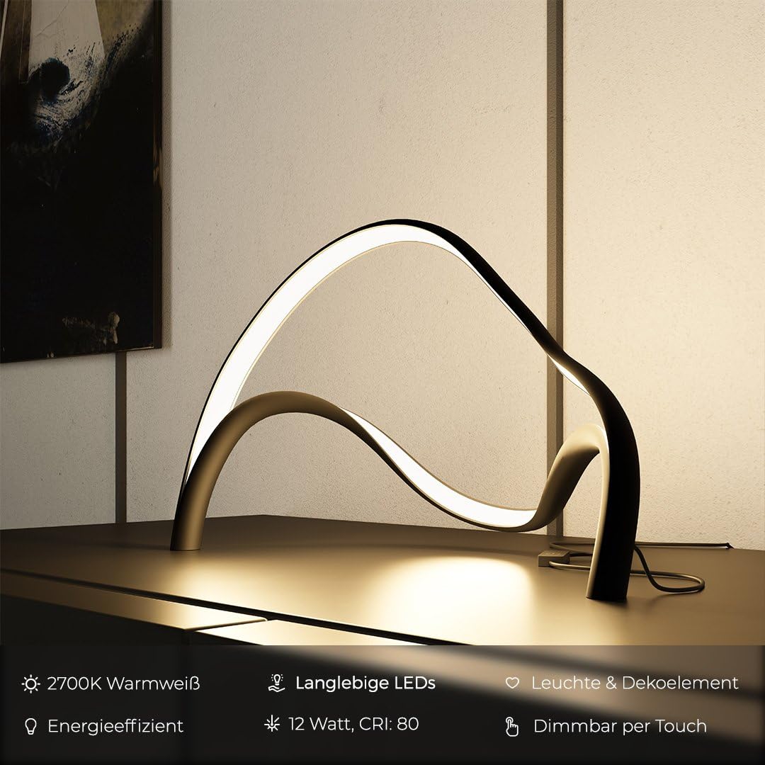 NEONA HERA LED Tischleuchte Schwarz dimmbar – Extravagante Tischlampe mit geschwungenem Wellendesign, Touch-Dimmer, warmweiß 2700K, 12W, CRI 80, LED fest integriert, IP20, 3 Jahre Garantie