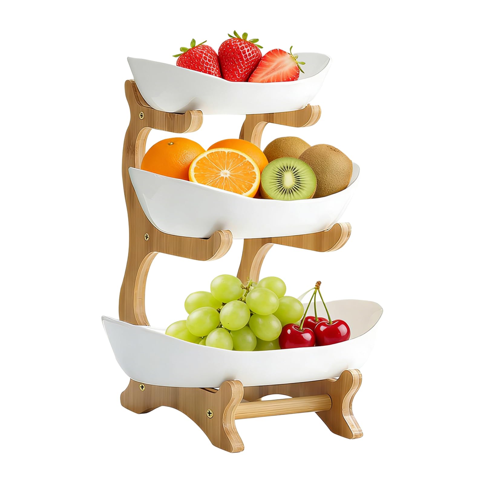 Plastica a 3 Livelli Piano, Portafrutta a Ripiani con Supporto Telaio in Legno Naturale, Porta Frutta da Tavolo Verdura per Cibo, Verdure, Torte