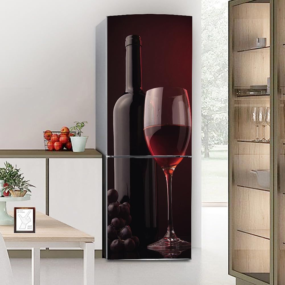 Fridge Wraps Kitchen Fridge Stickers Cover Full Doors, Fridge Sticker Full Covering Door Fridge Covers Skins Wall Stickers for Kitchen Decal, Grape red Wine Romance