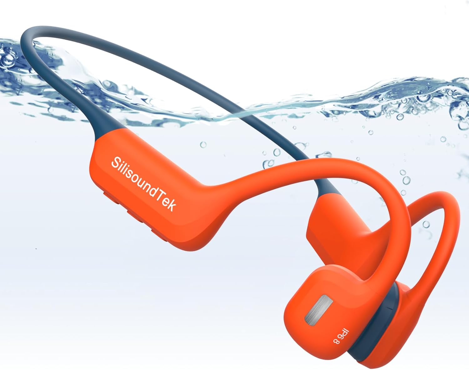 6.0 Bluetooth Swimming Headphones, IP68 Waterproof Bone Conduction Headphones, Liquid Silicone Wireless Open Ear Headphones, Built-in 32GB MP3 Player Underwater Headphone for Running(Orange-gray)