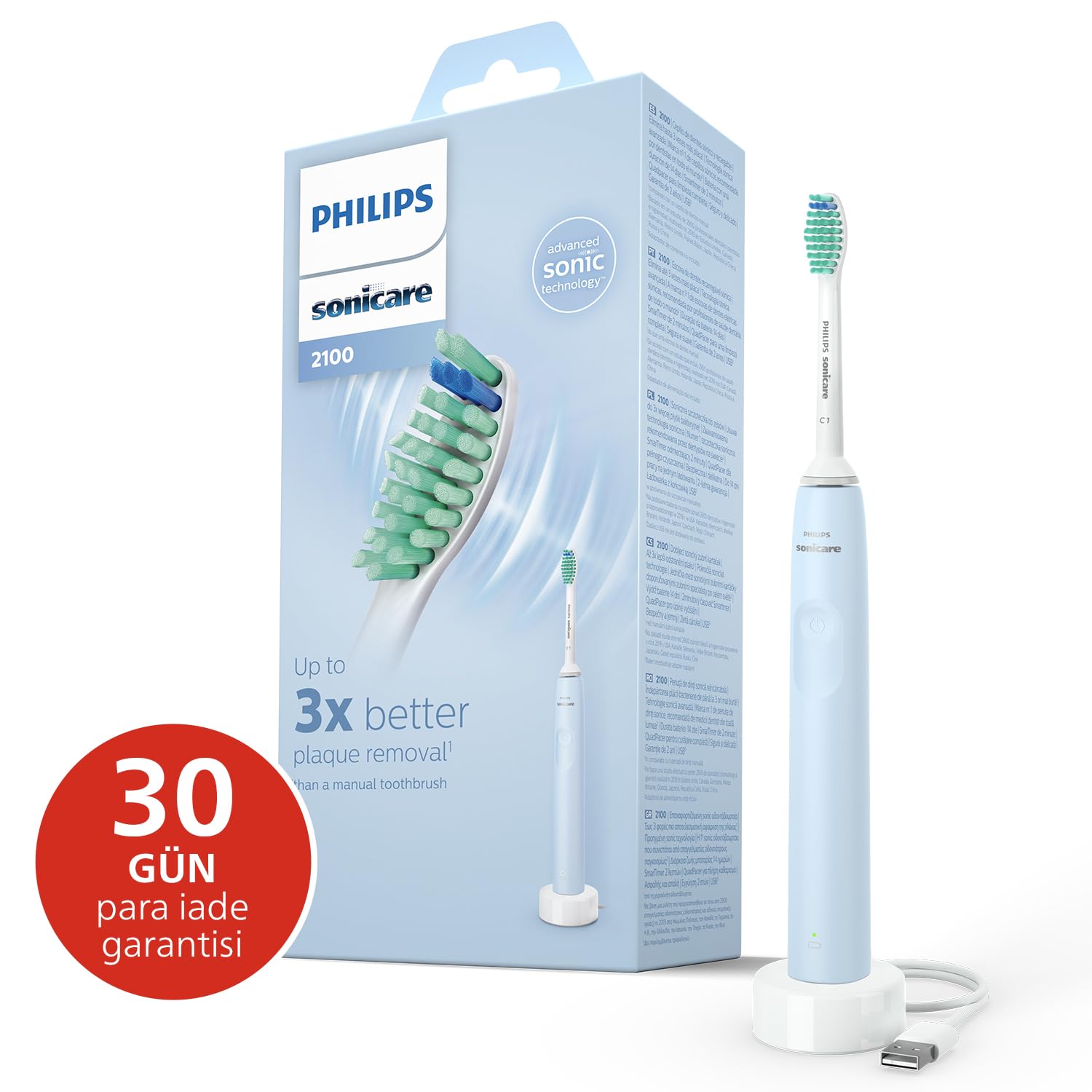 Philips Sonicare 2100 Sonic Şarjlı Diş Fırçası, 3 Kat Daha Fazla Plak Temizliği, 14 Gün Şarj Ömrü, SmartTimer ve QuadPacer Özellikli – HX3651/12