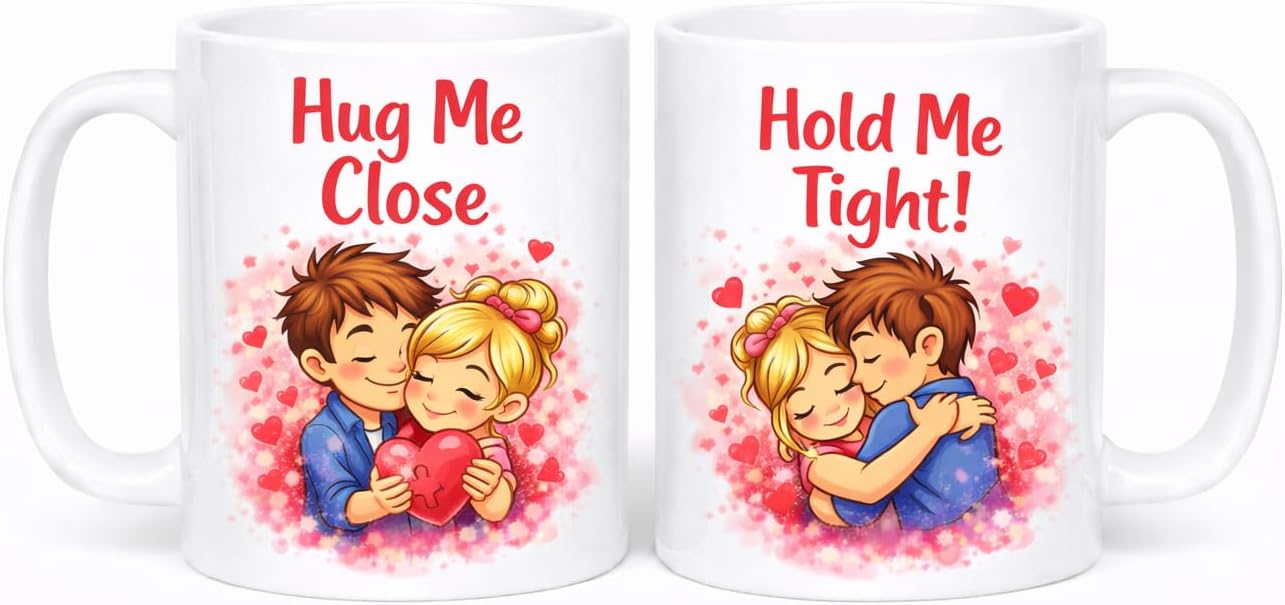 – Couple Coffee Mugs Set, White Ceramic, 11 oz, Hug Me Close and Hold Me Tight Design, Dishwasher and Microwave Safe, Valentine's Day Gift for Romantic Partners