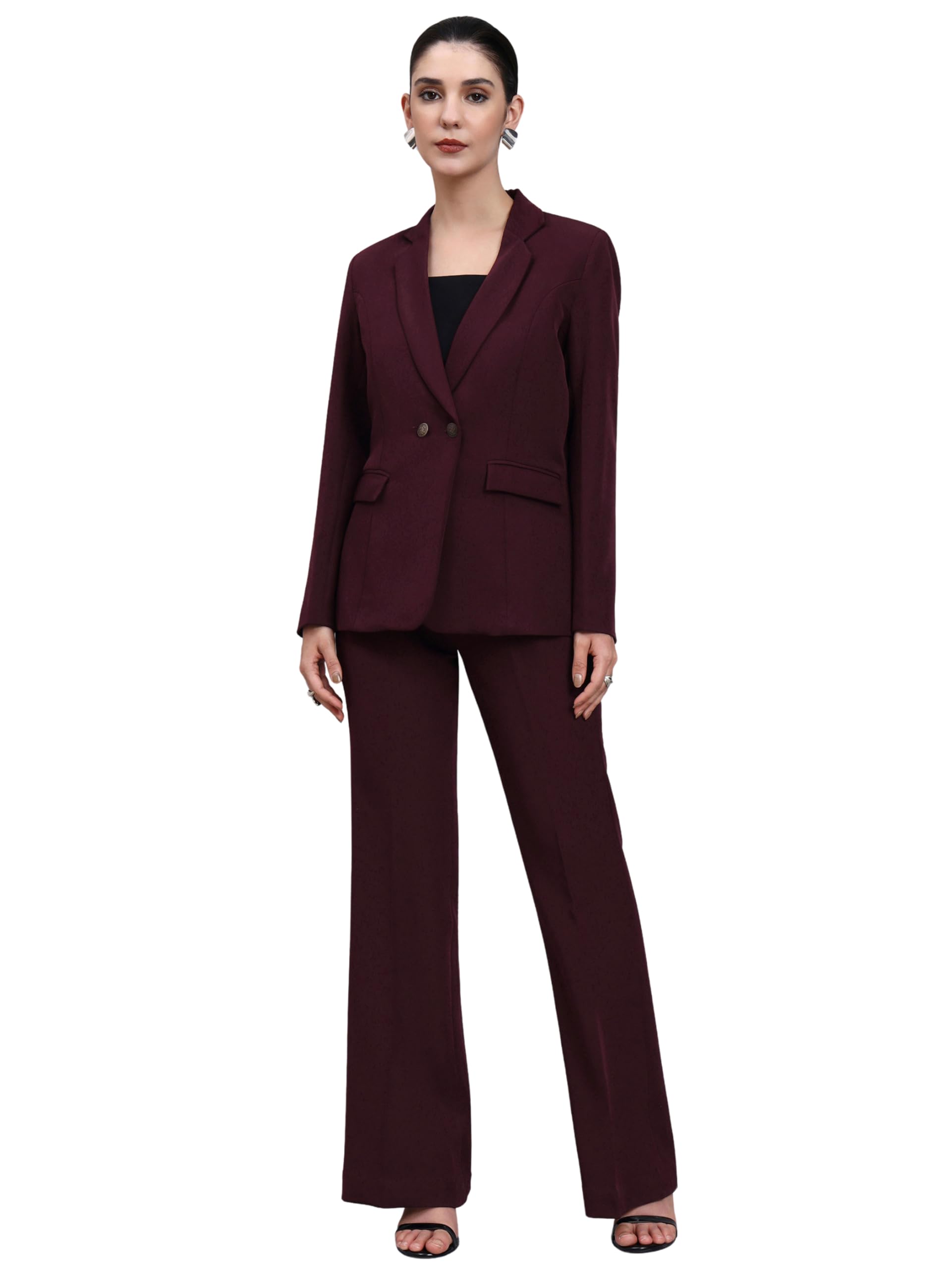 Burgundy Blazer Set Featuring Oxidized Buttons | Formal Blazer & Trousers for Women | Stylish Coat-image-10