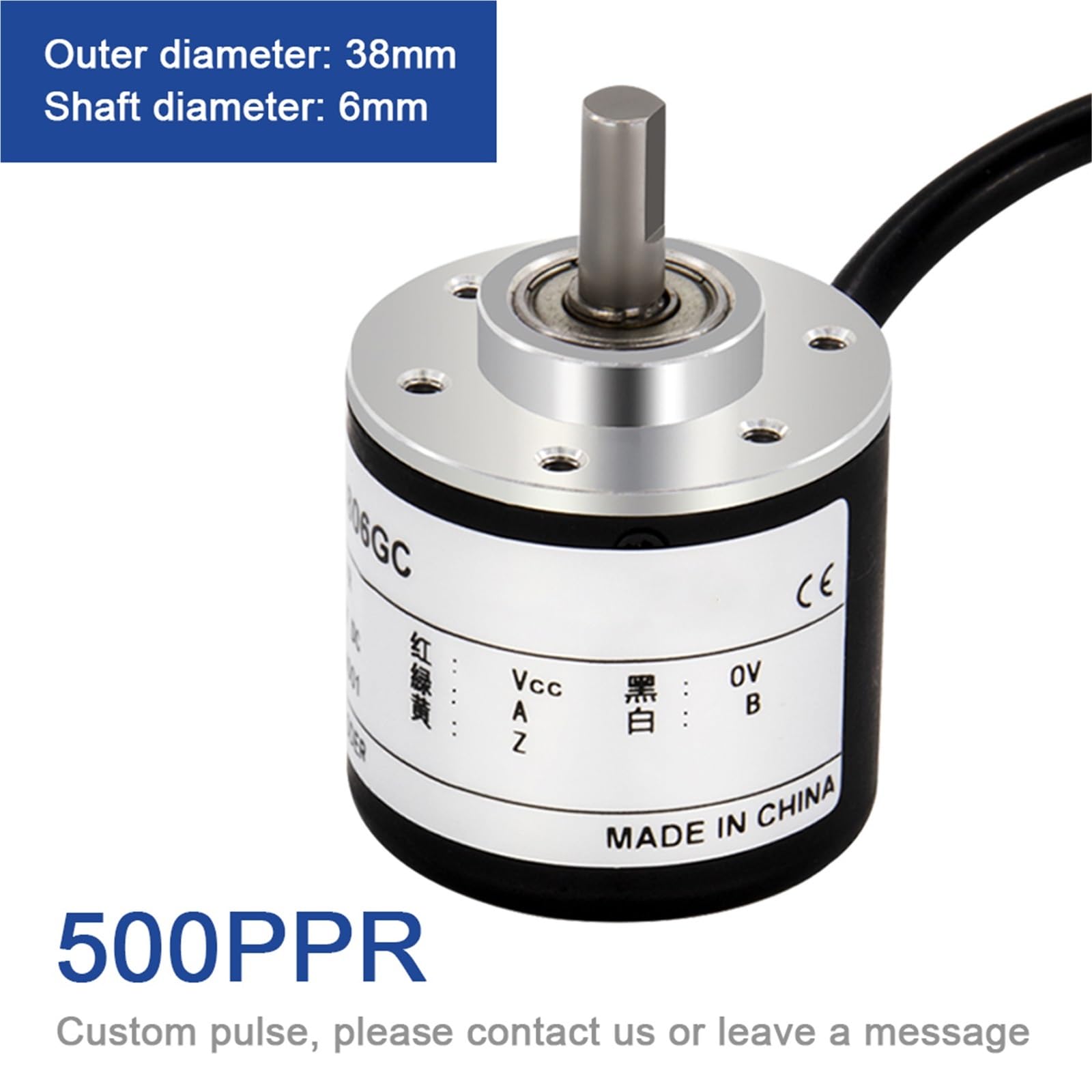 Codificador incremental de 38 mm, interruptor óptico giratorio de eje de 6 mm, sensor A, B/Z-2/3 fases, 5/8 cables, 10-1024-3600 PPR 5/24/30 VDC