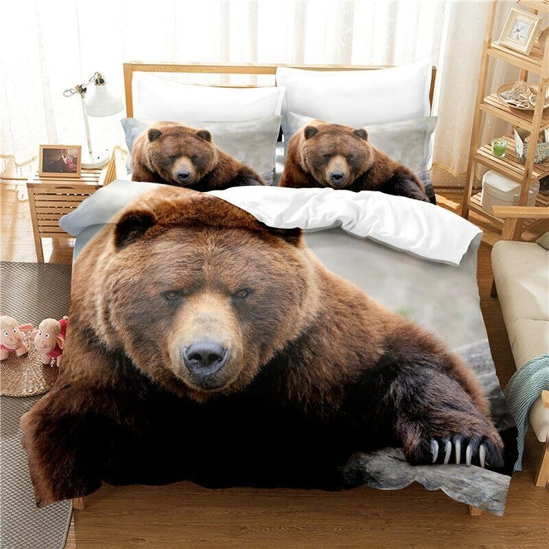 Housse de couette 240x260 ours brun avec 2 taies d'oreiller en microfibre pour lit 2 places