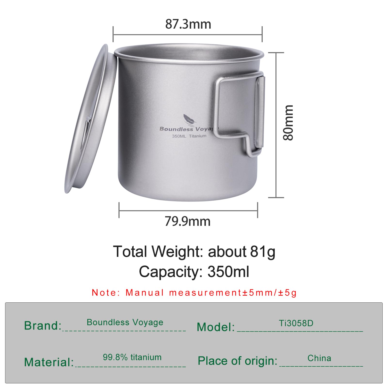 Boundless Voyage Ti3058D-350ml - Tazza da campeggio in titanio a strato singolo, per tè e caffè, ultraleggera, per viaggi all'aperto, 220 ml, 350 ml, 500 ml