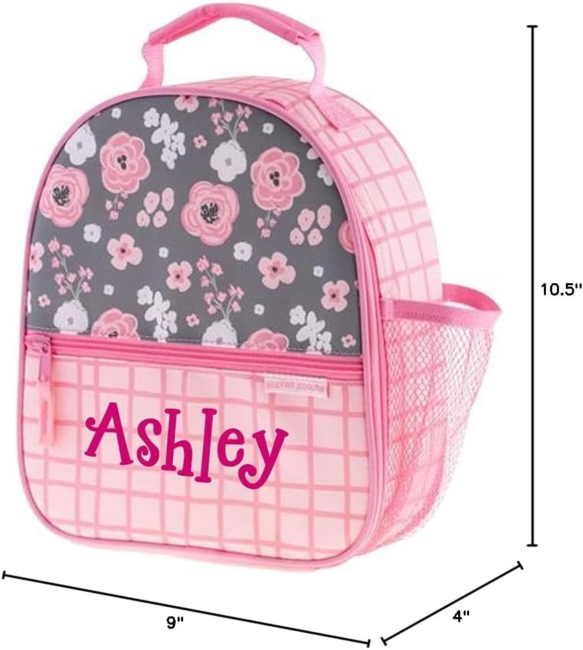 Stephen Joseph Personalized Lunch Box - Floral Lunch Bag - Pink and Gray All Over Print - Back to School Supplies - Kids Insulated Bag - Custom Name