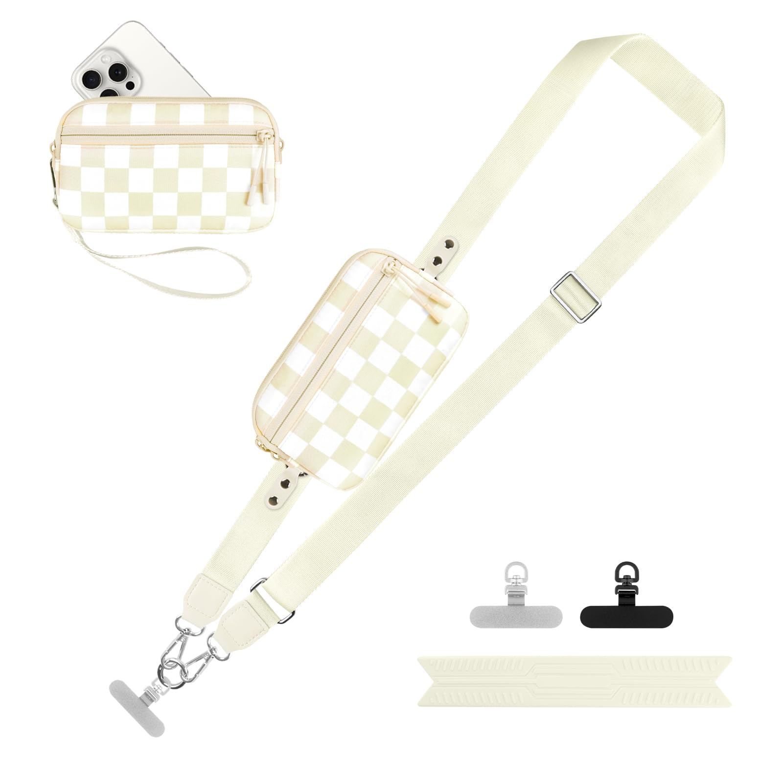 YFWE Clip and Go Strap for Phone with Wallet Crossbody, Adjustable Phone Lanyard with Detachable RFID Wristlet Wallet, Phone Strap with Phone Tabs for All Phones, Cream Checkered (L)