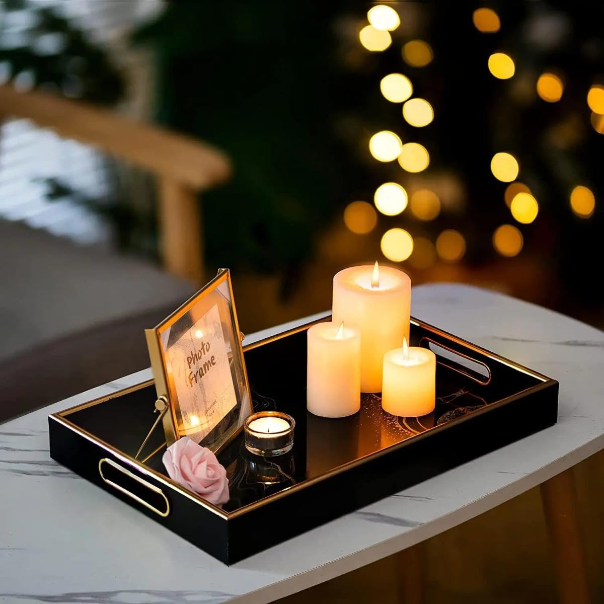 Vassoio di Lusso Nero Oro 45x30 cm – Elegante Piatto da Servizio in Vetro e Plastica – Moderno Vassoio Decorativo con Maniglie – Organizzatore Elegante per Soggiorno, Cucina o Camera da Letto