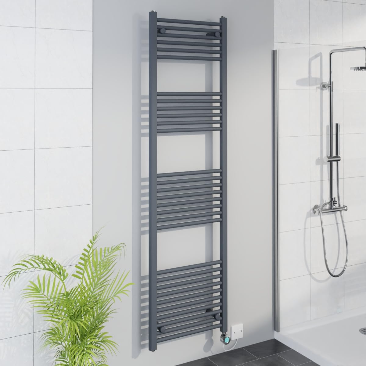 Warmehaus Anthracite&Chrome Smart Wifi Thermostatic Electric Bathroom Straight Heated Towel Rail Warmer Radiator With Timer 1800X500mm - Anthracite - Chrome Heating Element