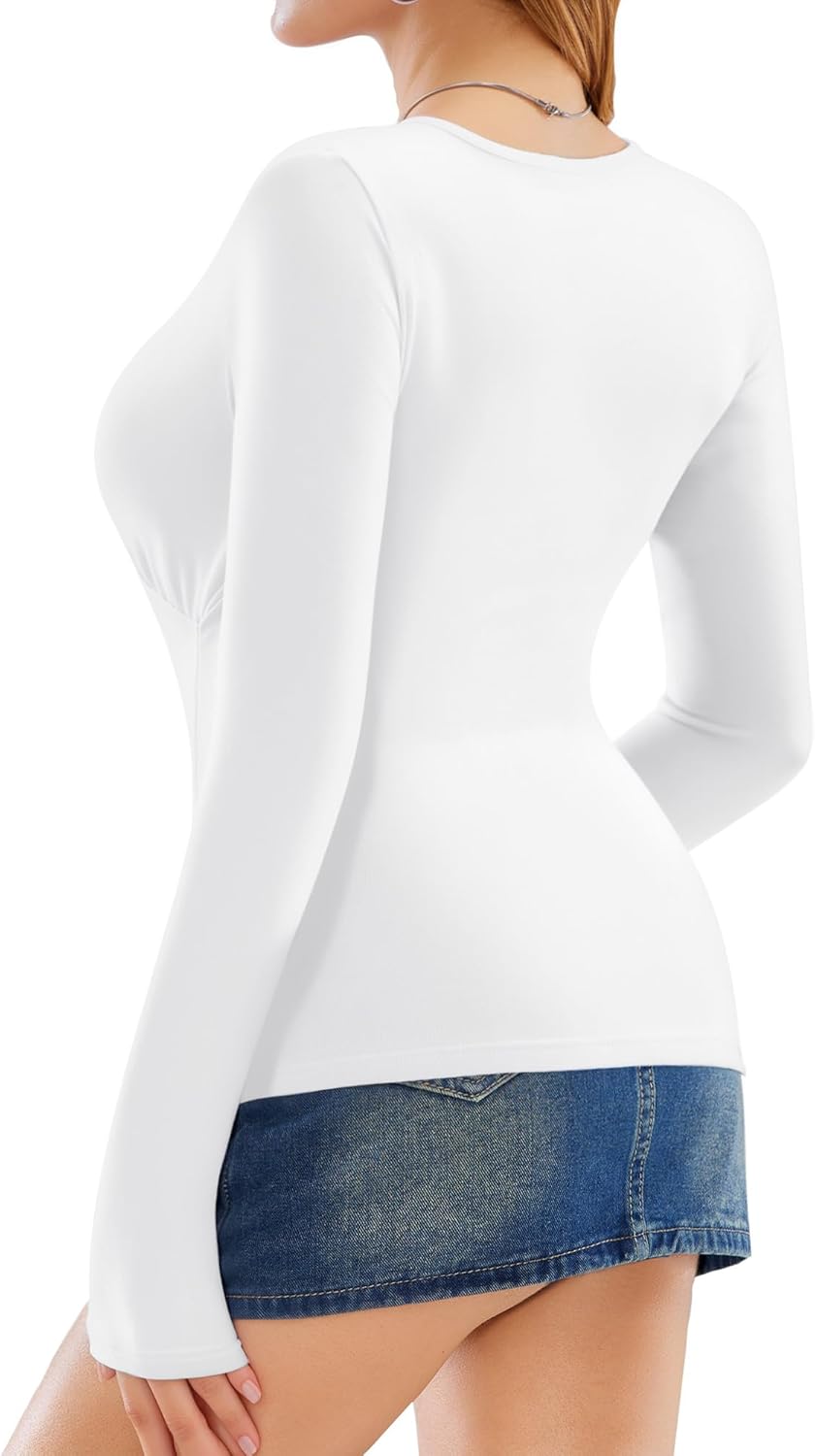 MANGOPOP Women's Cross Wrap Ruched Plunge Sexy Deep V Neck Slim Fit Long Sleeve Fleece Lined T Shirt Tunic Tops Tee - Image 2