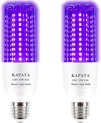 Kapata 15W LED UV Black Light Bulb Energy Saving UV Black Lights UVA Level 395-400nm, Glow in The Dark , 100W Black Fluorescent Light Equivalent E26 120V , 2- Pack