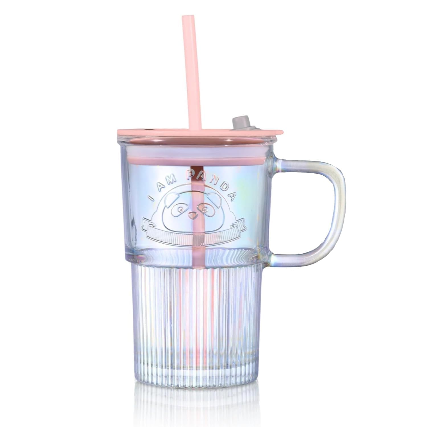 KiKiluxxa Glass Measuring Cup with Panda Cartoon Pattern, 420ml, Set of 1 Silicone Straw and Lid, for Hot and Cold Drinks - Coffee Glass Sipper with Straw- Only Pink Clour (PiriyazX 1)