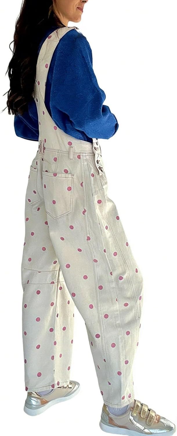 CHARTOU Y2k Polka Dot Barrel Jeans Overalls for Women Baggy Denim Jumpsuit Cargo Wide Leg Pants with Pockets