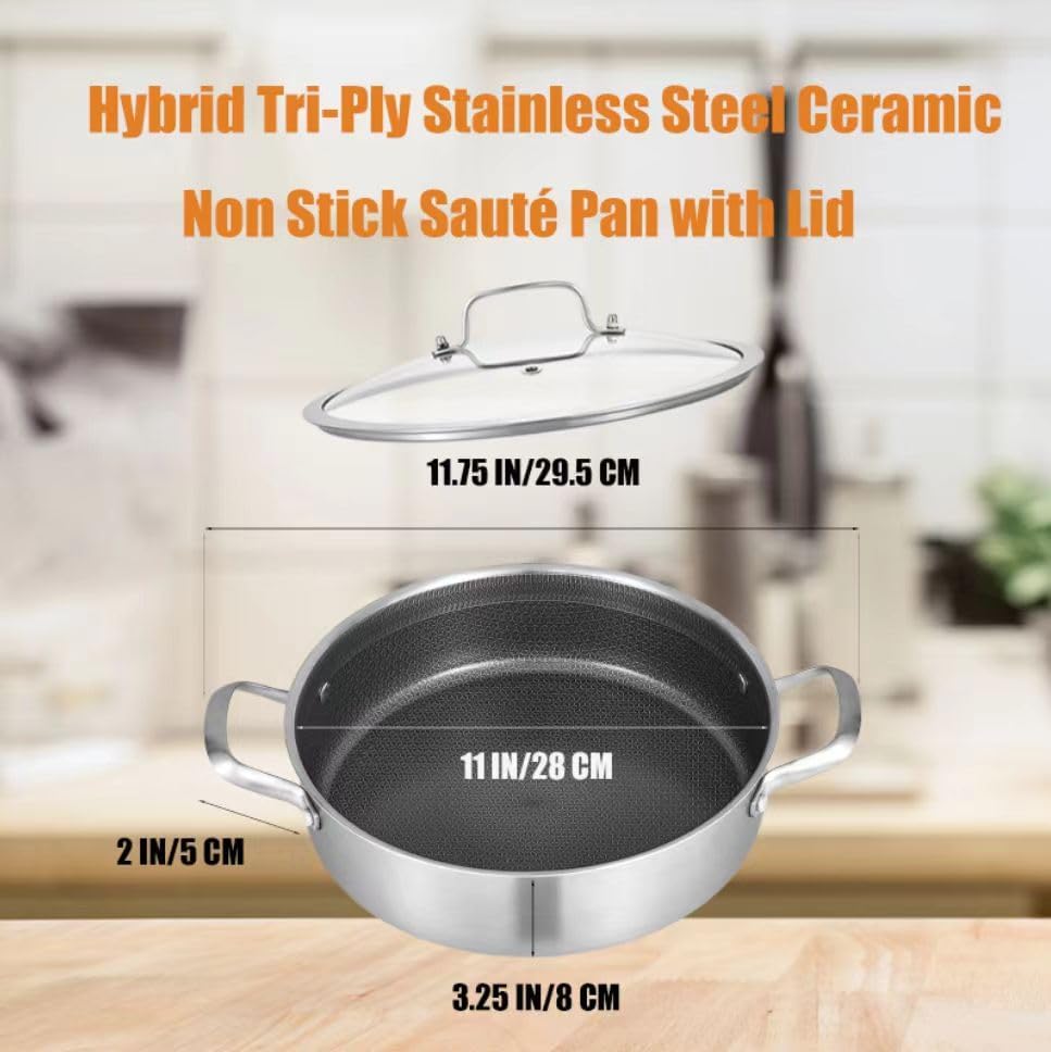 Miniatura 6 de Inqibee - Sartén híbrida de 5 QT de acero inoxidable con revestimiento cerámico de tres capas sin adherencia con tapa, olla de cocina de inducción,
