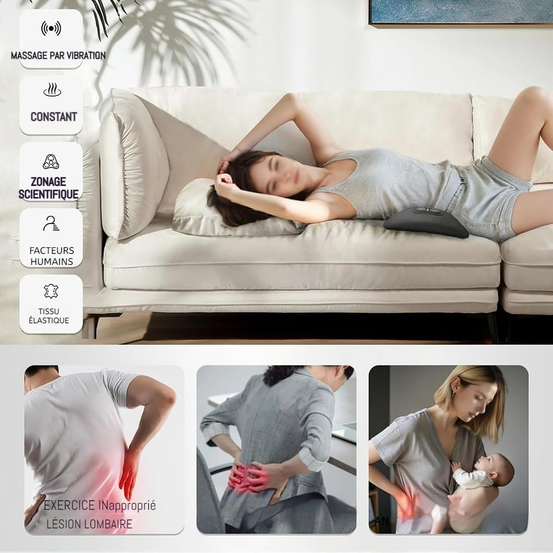 3 en 1 Masseur Lombaire et Sciatique, Thérapie du Dos avec Alignement de la Colonne Vertébrale, Soutien Dorsal Ergonomique pour Sommeil