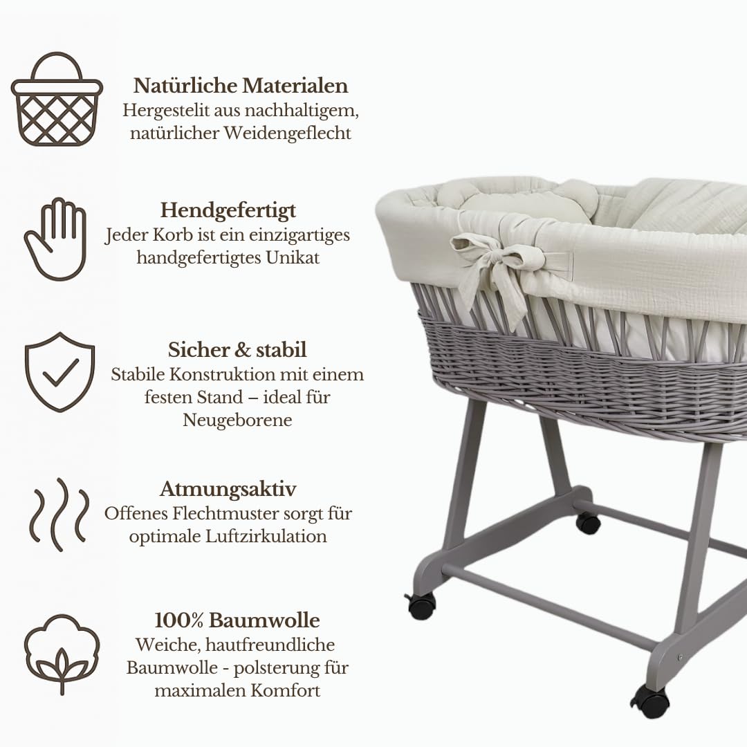 Stubenwagen Baby mit Rollen & Bremse – Grauer Moseskorb aus Naturweide inkl. Matratze & Ecru Bettwäsche aus 100% Baumwolle – sicher & mobil – Modell Amelia
