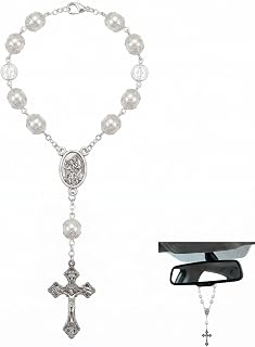 Saint Christopher for Car, 10mm Beads Rear View Mirror Hanging Car and Lucky Charm for Drivers, Gift for Family and Friends, Silver White