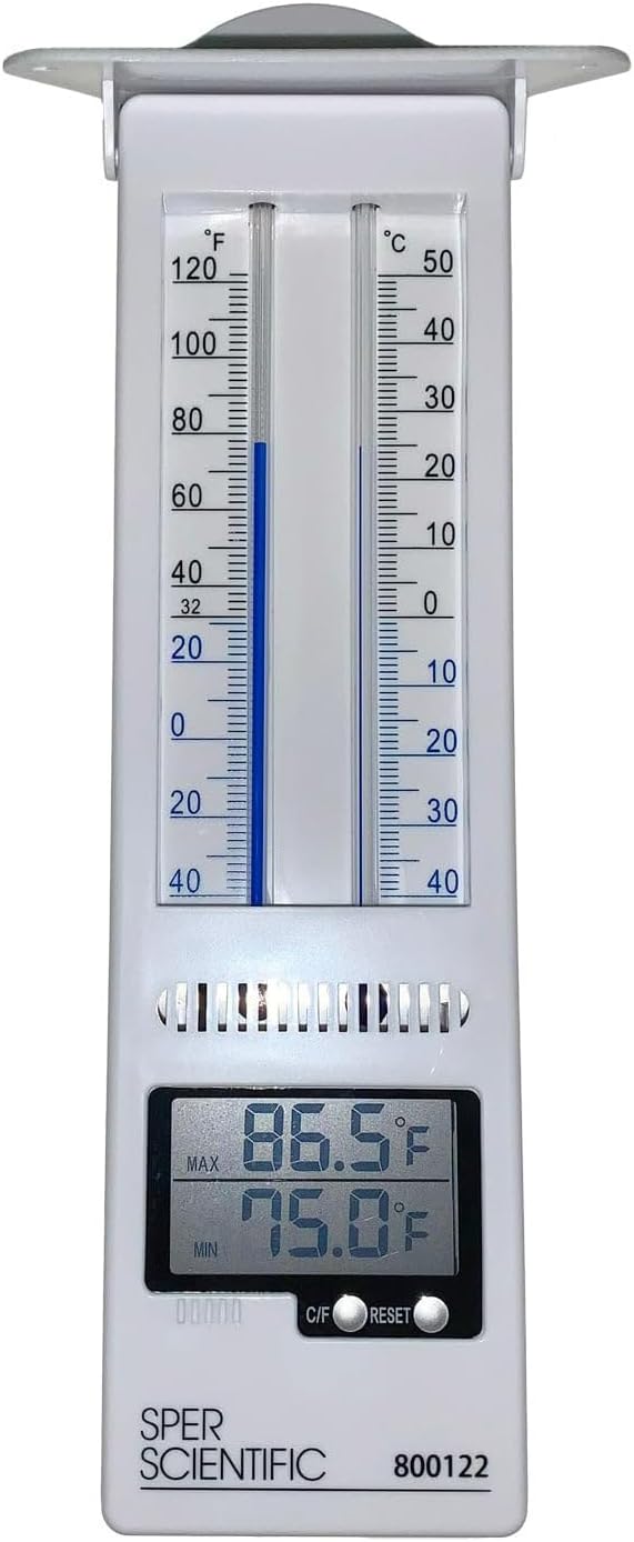Sper Scientific Analog & Digital Min/Max Thermometer 800122 - Accurate Temperature Tracking, Weather-Resistant Design, Dual Display for Indoor & Outdoor Use, Ideal for Greenhouses, Labs & Food Storage