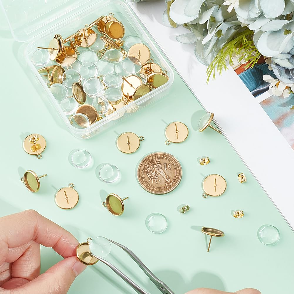 UNICRAFTALE Lot 12 Clous D'Oreilles Doubles Arches 2 Couleurs + 24 Cabochons Verre 12 Mm – Acier Inox 304 – Idéal DIY Boucles D'Oreilles