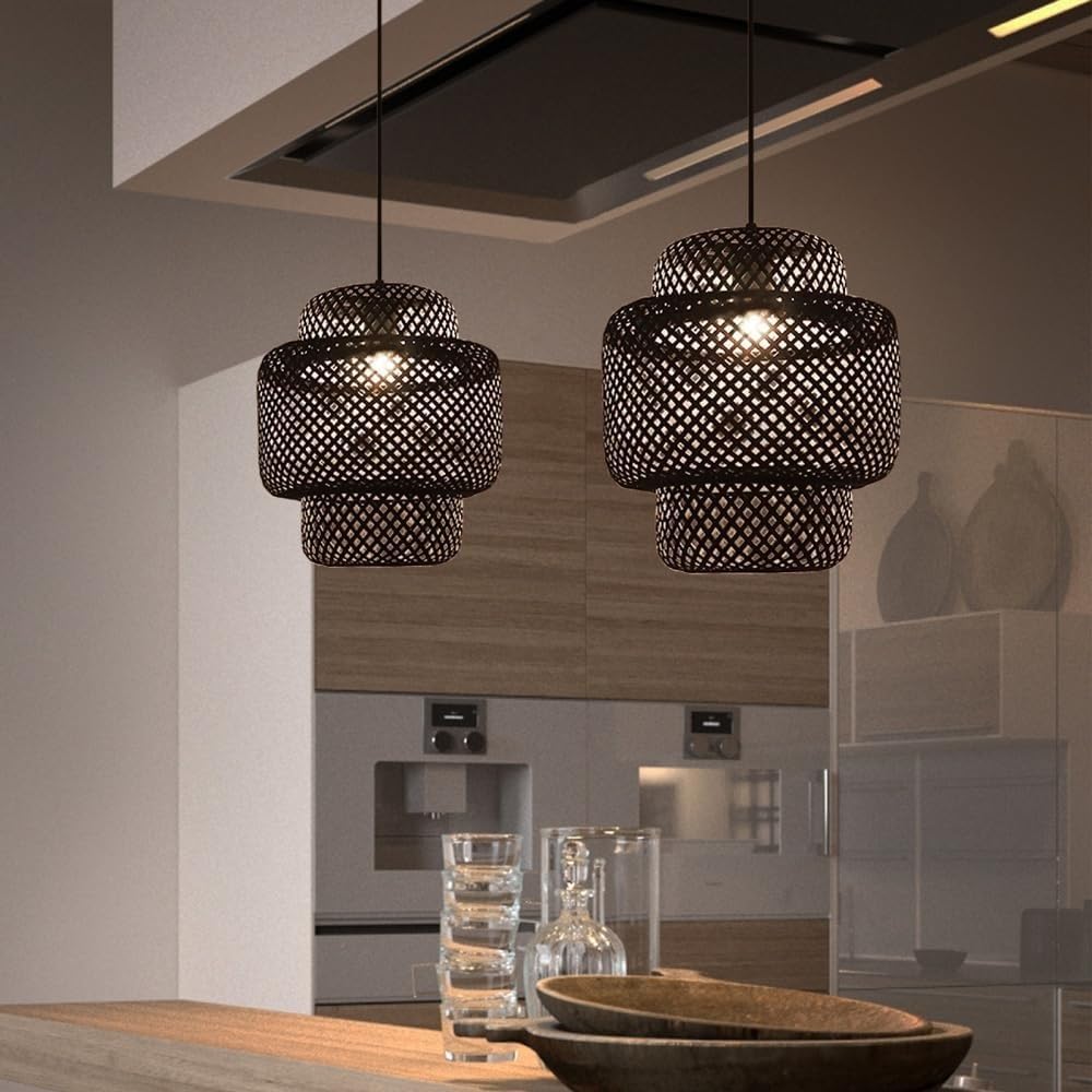 Hertl Lámpara colgante retro, moderna lámpara de techo de mimbre hecha a mano, lámpara de techo de bambú tropical, linterna Zen de estilo chino for bar, cafetería, dormitorio, isla de cocina