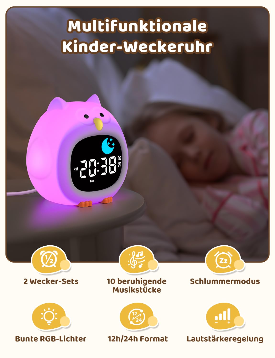 Yissvic wecker Kinder für Schulanfänger Jungen Kinderwecker mit RGB Nachtlicht Lernwecker 2 Alarme Wochenend-Modus Snooze 10 White Noise Eule Stil