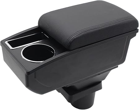 Car Armrest Box Compatible With Toyota Yaris Vitz 2006-2011 | Double-Decker Storage Space, with Cup Holders, Easy to Assemble, Adjustable, PU Leather, Black Line