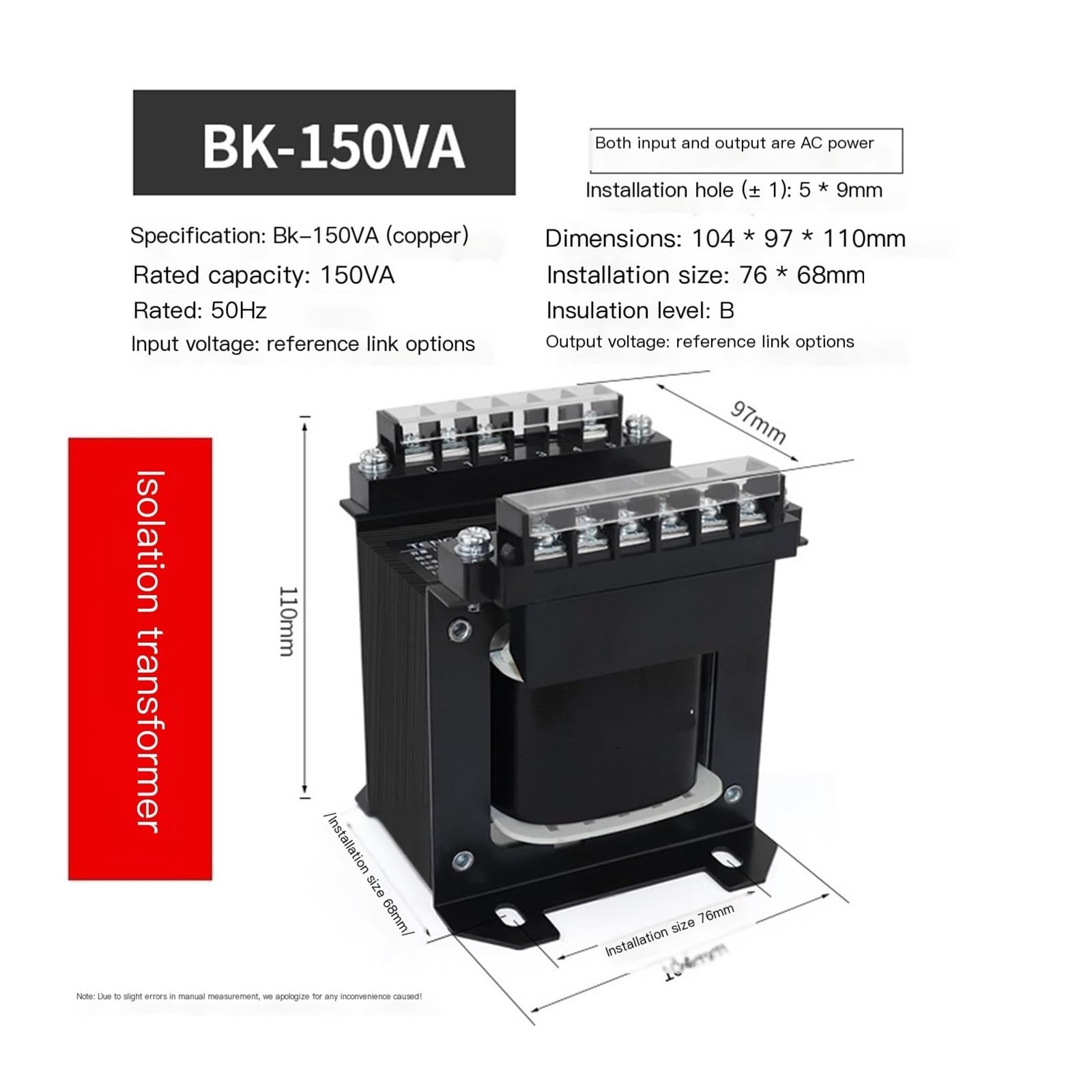Transformador de aislamiento monofásico BK de 220 a 220 V(BK 150VA 220 to 220 isolation)